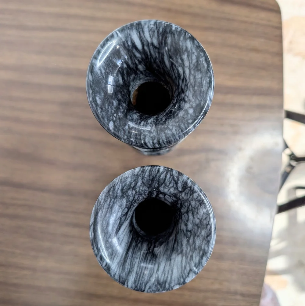 Pair Of Black & Gray Quartz Vained Marble Floral Etched Footed Vases Solid Stone